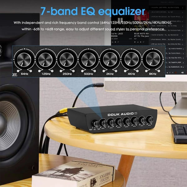 Equalizer, 7-bånds frekvenskontrol, balancerede XLR- og RCA-udgange, SNR ≥104dB, THD 0,003%, dimensioner 152mm x 126mm x 42mm
