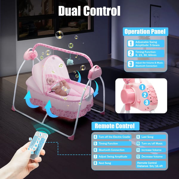 Babyseng Gyngestol, 5 Hastigheder Justerbar, Bluetooth Musik,Pink