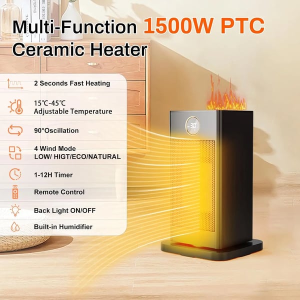 Keramisk Blæservarmer, 1500W Effekt, 90° Svingning, 15-45 °C Temperaturinterval, Timer 1-12 Timer, Luftfugterfunktion