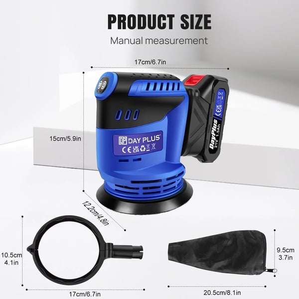 Trådløs tilfældig orbital sliber, 21V, 3000W, 1.5AH lithium-ion batteri, 7000/9500/11000 OPM, 125 mm papir størrelse