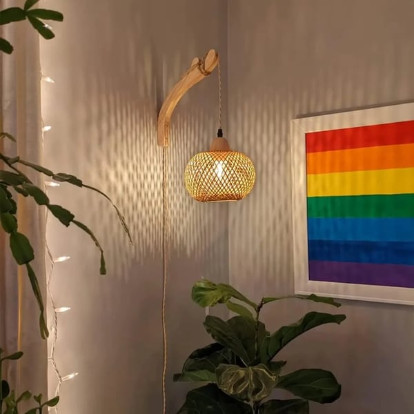 Seinävalaisin, käsin kudottu bambu, LED-yhteensopiva,EU-pistoke, Ei lamppua
