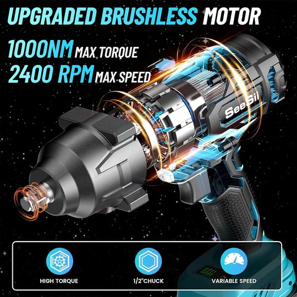 Slagnøgle, 1000 Nm Maks. Moment, 2400 RPM Hastighed, 2 x 4.0 Ah Batteri, 6300 g Vægt, CE Certificeret