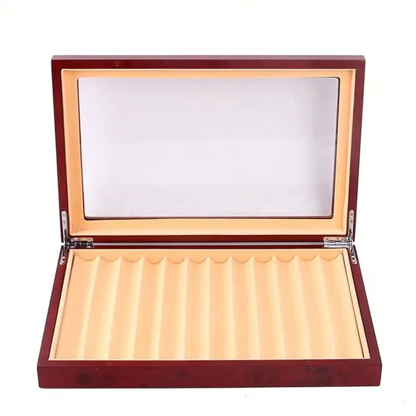 Fountain Pen Display Case, Massivt Træ, Glaslåg, 12-Skuffer, Mørkerød, Bordmontering
