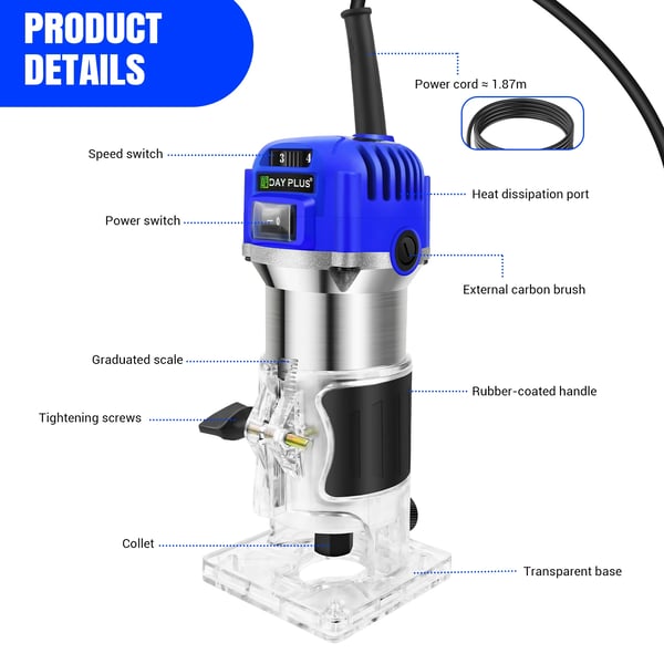 Elektrisk Palm Router Værktøj, 800W, 4000-30000 RPM, 6 Hastighedsindstillinger, Maksimal Fræsedybde 29mm, Klinge Diameter Kompatibilitet 6-8MM