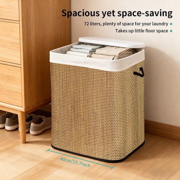 Vasketøjskurv, Bambusmateriale, Pladsbesparende Design,72L