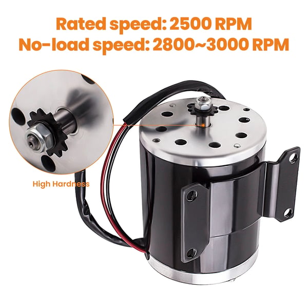 Elektrisk motor, 500W effekt, 24V spænding, tomgangshastighed 2800-3000 RPM, nethastighed 2500 RPM, dimensioner 22x16x15 cm