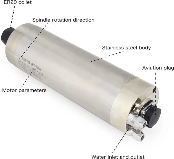 Vandkølet spindelmotor, 2,2 kW effekt, 10-24000 omdr./min hastighed, ER20 collet størrelse