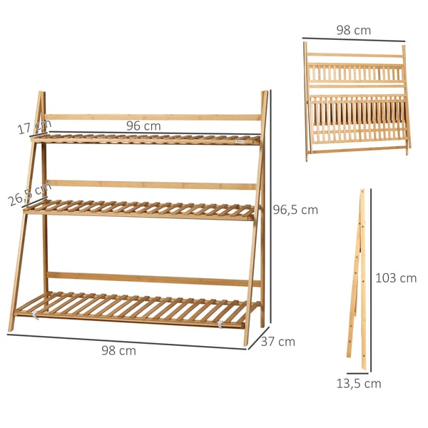 Plantehylde, Bambusmateriale, Dimensioner 100 cm x 39 cm x 97 cm, 3 niveauer, slatdesign, foldbar