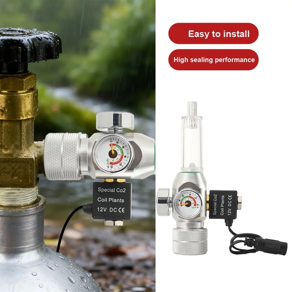 CO2 Trykregulator, Kompakt Metal- og Plastdesign, Solenoidventil Inkluderet, Kompatibel med Sodastream Flasker, Indbygget Boble Zähler
