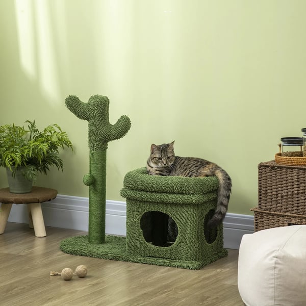 Kattens Kradsetræ, Multi-Niveau Design, Hyggelig Hule Seng,68X30X67 cm, Grøn