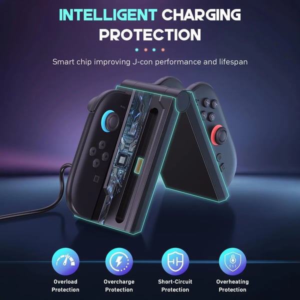 Opladningsstation, 4 porte, kompatibel med Nintendo Switch 2, foldbart design, 3 fod USB-C kabel, magnetisk connector