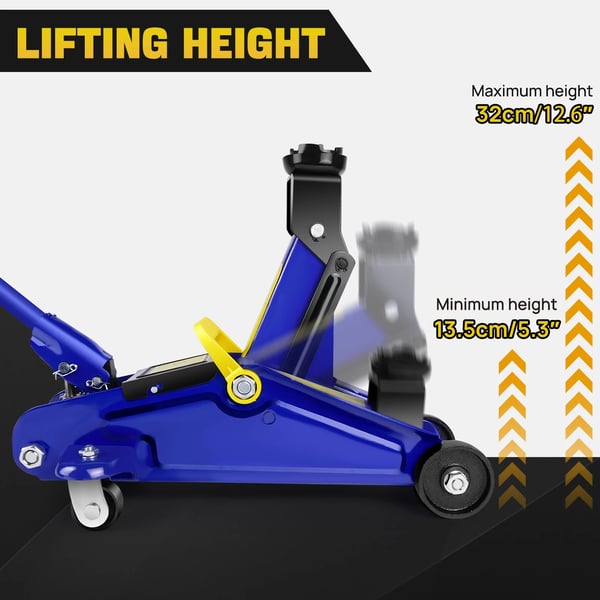 Hydraulisk Trolley Jack, Løftekapacitet 2000 kg, Minimumshøjde 135 mm, Maksimalhøjde 320 mm, Dimensioner 450 mm x 195 mm, Produktvægt 9,5 kg