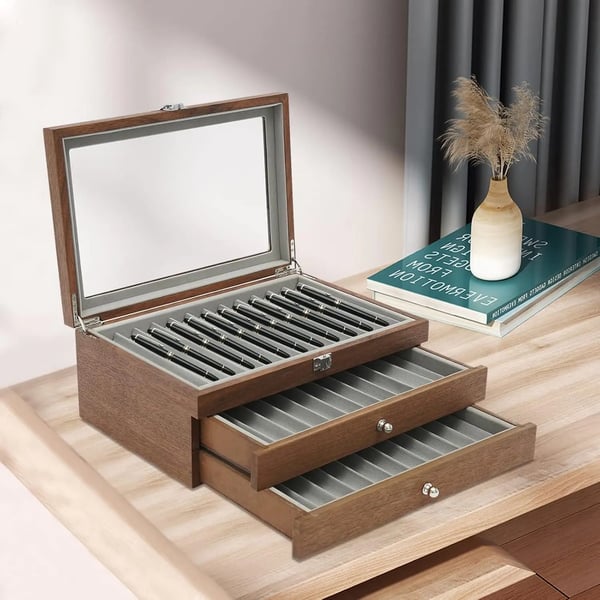 Pen Display Case, 34-Slot Organizer, Elegant Glass Lid,Brun