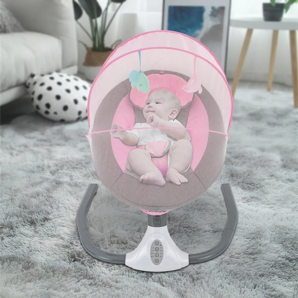 Elektrisk Baby Gyngestol, Fjernbetjening, Bluetooth-forbindelse, Fire Gyngeshastigheder,Lyserød