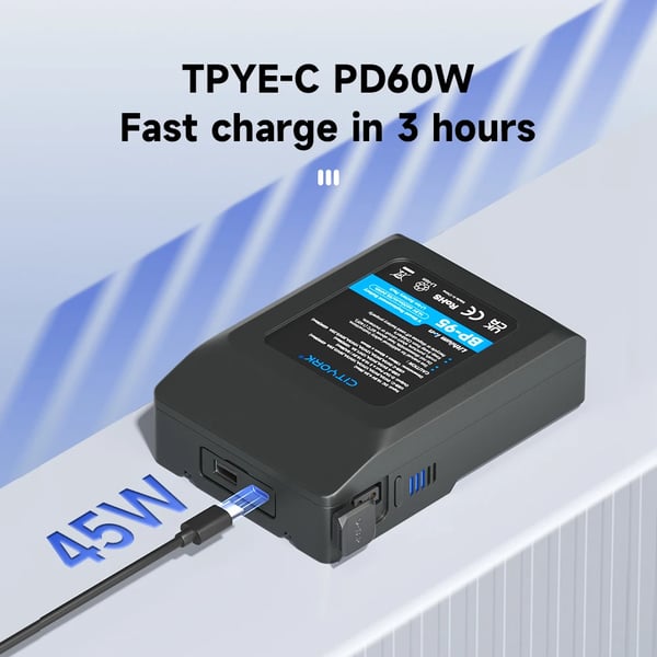 V Mount Batteri, 15000mAh Kapacitet, Hurtigopladningssupport,BP 95 Batteri