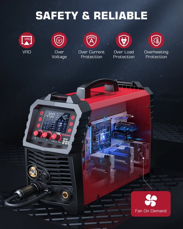 "MIG svejsemaskine, 220V, 200A, 20.9"" x 8.5"" x 16.1"", 2.0-15m/min tråd hastighed, IGBT inverter teknologi"