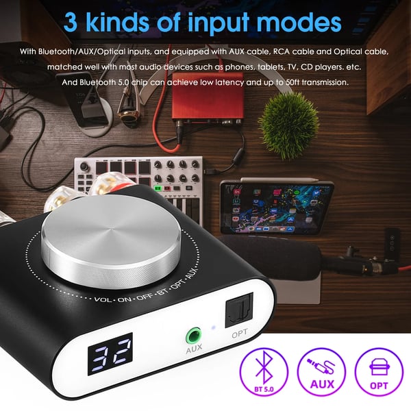 Kraftfull ljudförstärkare, 100W per kanal, Bluetooth-anslutning, AUX och optisk ingång, CE-certifierad, DC 9-24V