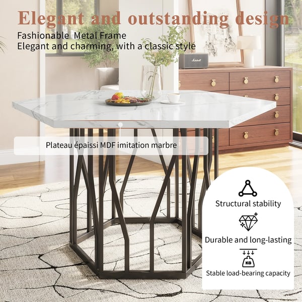 Spisebord, Hexagonal Marmor Top, Metalramme,HVID