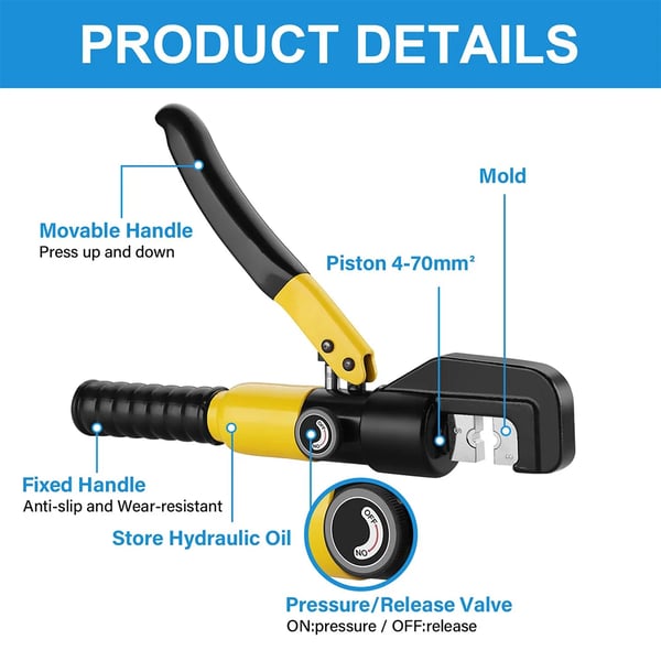 Hydraulisk Kabeløje Crimper, Maksimal 10 Tons Crimping Kraft, Crimp Slag 12 mm, Kompatibel med 12 AWG til 2/0 AWG, 360° Rotationshoved