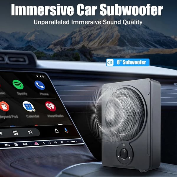 Subwoofer, 8 tommer højttalerdiameter, 200W faktisk effekt, 300W maksimal effekt, frekvensrespons 30-100 Hz, dimensioner 31,5*24*7,5 cm