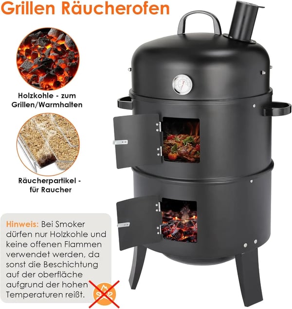 Rökargrill, Rostfritt Stål, Mått: 90 cm x 38 cm x 47 cm, Kompatibilitet: Kol och Rökningsdamm, Justerbara Ventilationsöppningar, Inbyggd Termometer