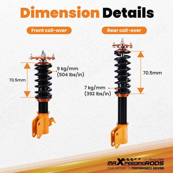 Coilover affjedringskit, justerbar højde 25-75mm, 24 niveauer af dæmpning, 9 kg/mm forfjederhastighed, pude kugle topmonteringer