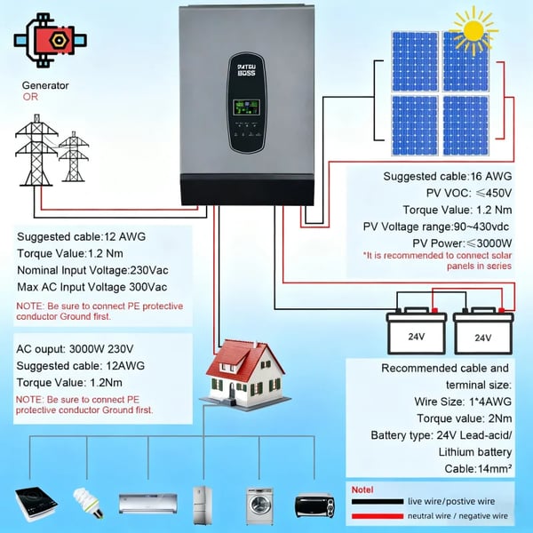 Sol inverter, 6200W udgang, ren sinuskurve,220-240V, 48V, DT4862-6200W