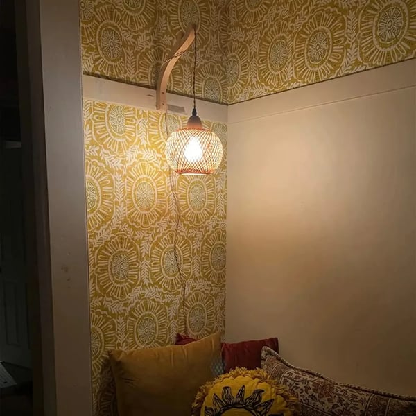 Seinävalaisin, käsin kudottu bambu, LED-yhteensopiva,EU-pistoke, Ei lamppua