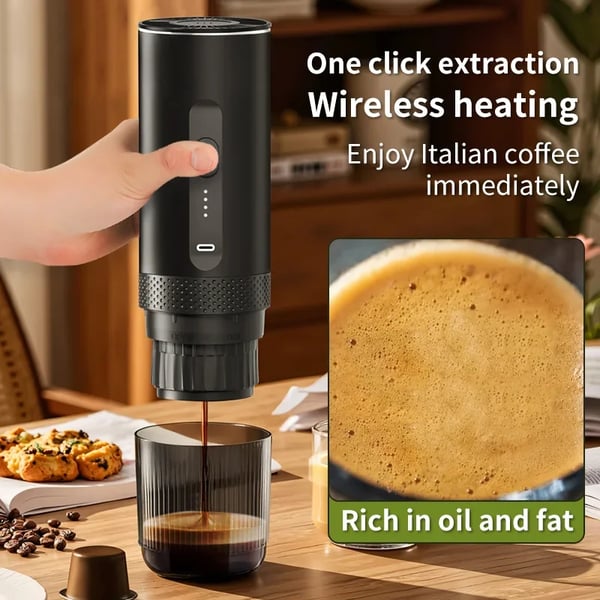 Bærbar Kaffemaskine, 80 ml Vandtank, 7500 mAh Batteri, 20 Bar Tryk, 92°C Ekstraktionstemperatur, Trådløs Design