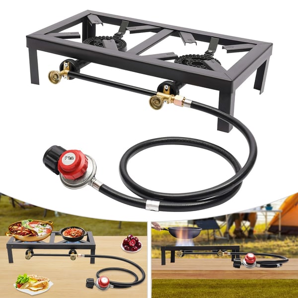 Camping Gaskök, Dubbelbrännare, Justerbar Tryckregulator,Svart