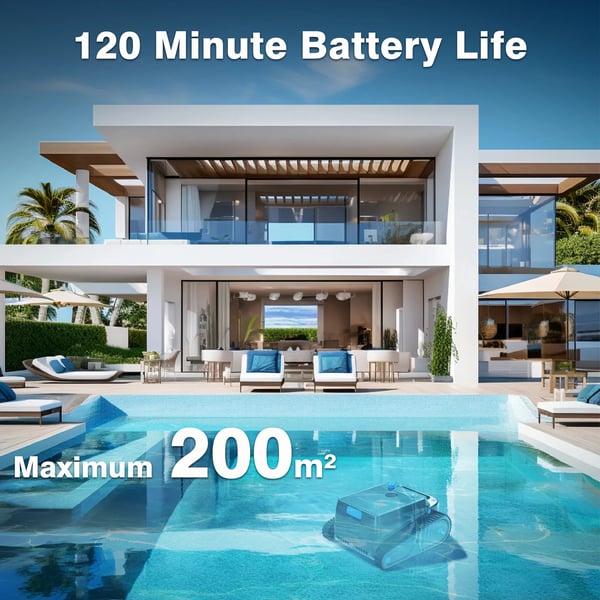 Robot Pool Rengøringsmiddel, 110W Effekt, 120 Min Batterilevetid, 200 m² Dækning, 4-5 Timer Opladningstid, 43 x 40 x 21,5 cm Dimensioner