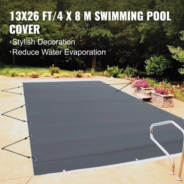 Pool Sikkerhedsdække, 13 x 26 ft, Passer til 12 x 25 ft Pool, 650-680 g/m² PVC, Kullgrå, 304 Rustfrit Stål Jordbolt