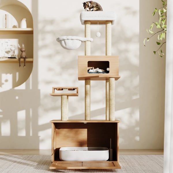 Kattårn, Vægmonteret Design, Multi-Niveau Struktur,Naturlig træfarve
