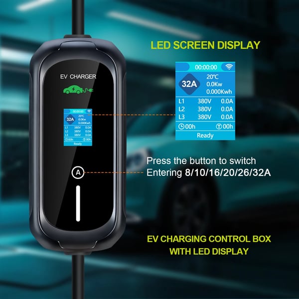 Bärbar EV-laddare, 22KW Typ 2, WiFi App Kontroll,TYPE2, svart