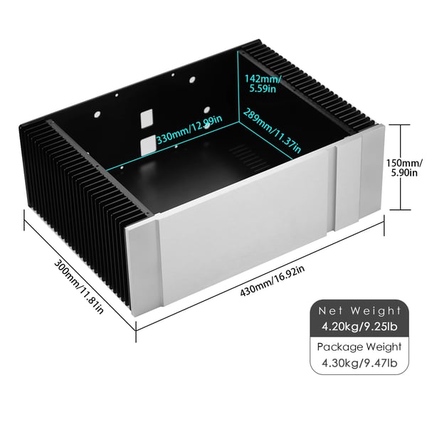 Forstærkerhus, Aluminiumlegering, Eksterne dimensioner 430x300x150 mm, Interne dimensioner 330x289x142 mm, Nettovægt 4,2 kg, Inkluderet tilbehørssæt