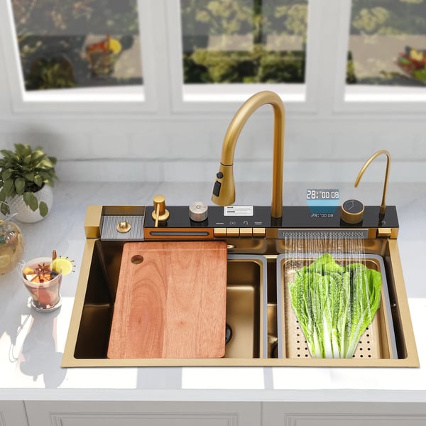 Vandfald Køkkenvask, Rustfrit Stål, Moderne Design,Guld