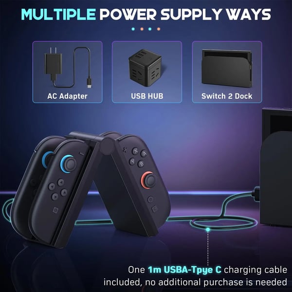 Opladningsstation, 4 porte, kompatibel med Nintendo Switch 2, foldbart design, 3 fod USB-C kabel, magnetisk connector
