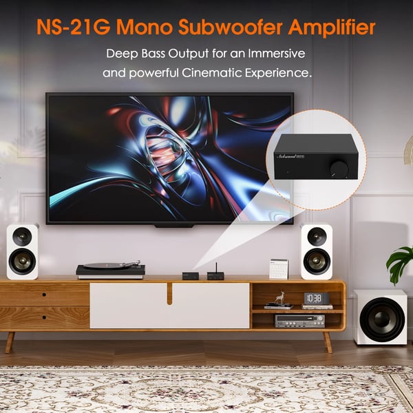 Subwoofer-vahvistin, 100W teho, mono-kanava, RCA- ja AUX-yhteensopivuus, säädettävä matalapäästösuodatin, kompakti muotoilu