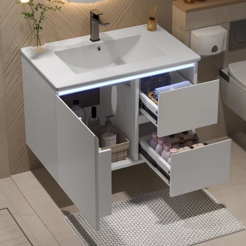 Badeværelsesskab, 76x46x50 cm, MDF-materiale, 2 skydelåger, intelligent induktionsbelysning, fugtbestandig overflade