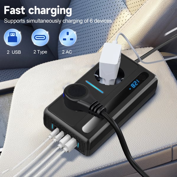 Bilspændingsomformer, 200 W effektudgang, dobbelt stik,sort