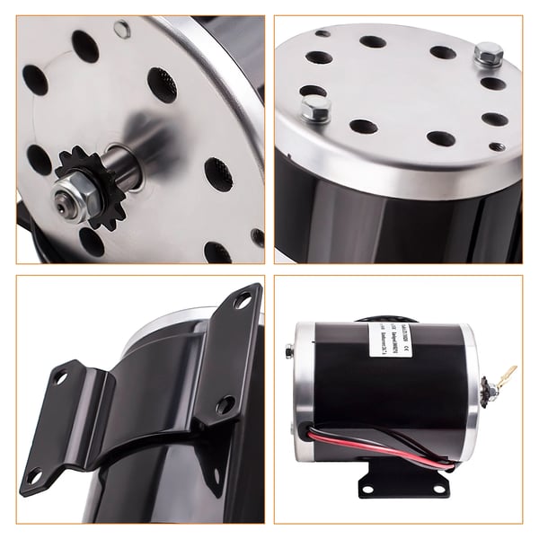 Elektrisk motor, 500W effekt, 24V spænding, tomgangshastighed 2800-3000 RPM, nethastighed 2500 RPM, dimensioner 22x16x15 cm