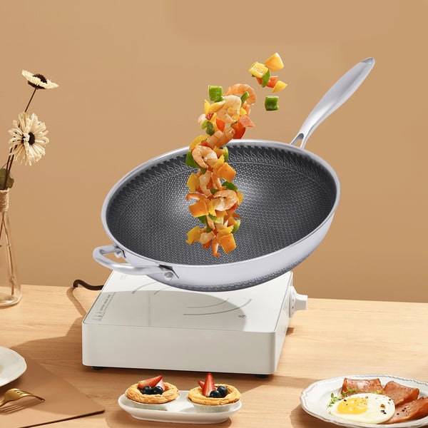 Wokpande, Honningkombination, 30 cm Diameter, Ergonomisk Håndtag, Tåler Opvaskemaskine, 1L Kapacitet