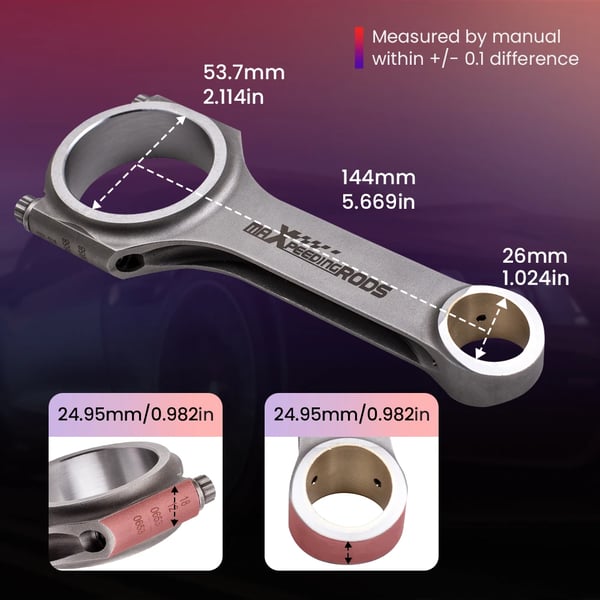 Forbindelsesstænger, Smedet 4340 Stål, Kompatibel med VW, 53,7 mm Store Ende Diameter, 144 mm Center til Center, 26 mm Lille Ende Diameter