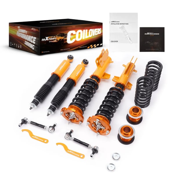Coilover-jousituspaketti, säädettävä korkeus 505-665 mm edessä, säädettävä korkeus 500-585 mm takana, jousikovaus 8 kg/mm edessä