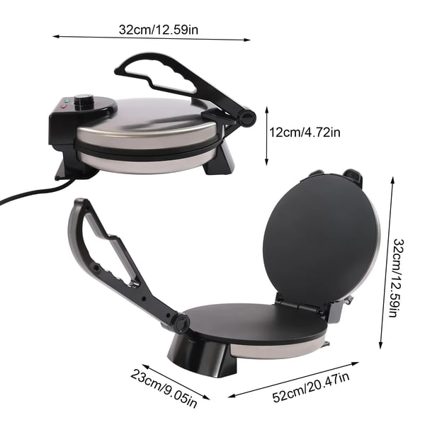 Roti Maker, 1500 W Effekt, 10 Tommer Diameter, Justerbar Temperatur, Dobbelt Varmeplader, Non-Stick Materiale