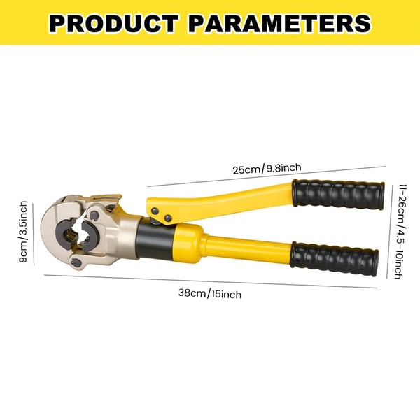 Hydraulinen PEX-putken puristustyökalu, kestävä teräskotelo, leuat kokoja 12-28mm, maksimaalinen paine 100 kN, ergonomisesti muotoiltu kahva