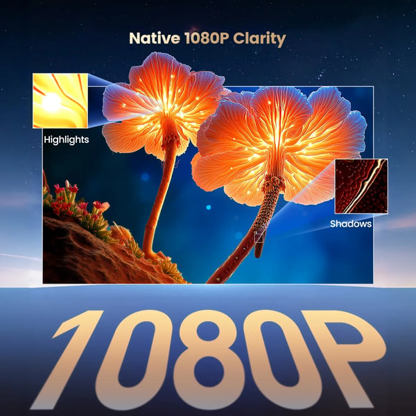 Projektor, Ægte 1080P Opløsning, Wi-Fi 6 Forbindelse,farve1