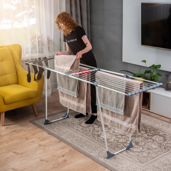 Tøj tørretumbler, Maksimal tørreflade 20 m, Belastningskapacitet 20 kg, Højde 196 cm, Materiale Pulverlakeret stål, Justerbare fødder Ja