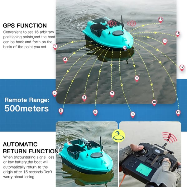 Fiskebåt med bete, GPS-funktionalitet, dubbelmotordesign,12000mAh