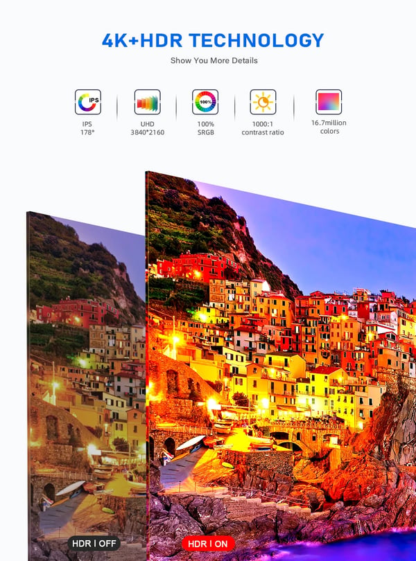 UPERFECT 4K Bærbar Skærm, Fantastisk 3840 x 2160 Opløsning, Indbyggede Højttalere,EU-stik